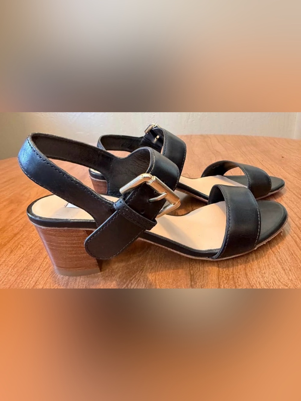 LK Bennett Black Leather Buckle Mid-Heel Slingback Sandals